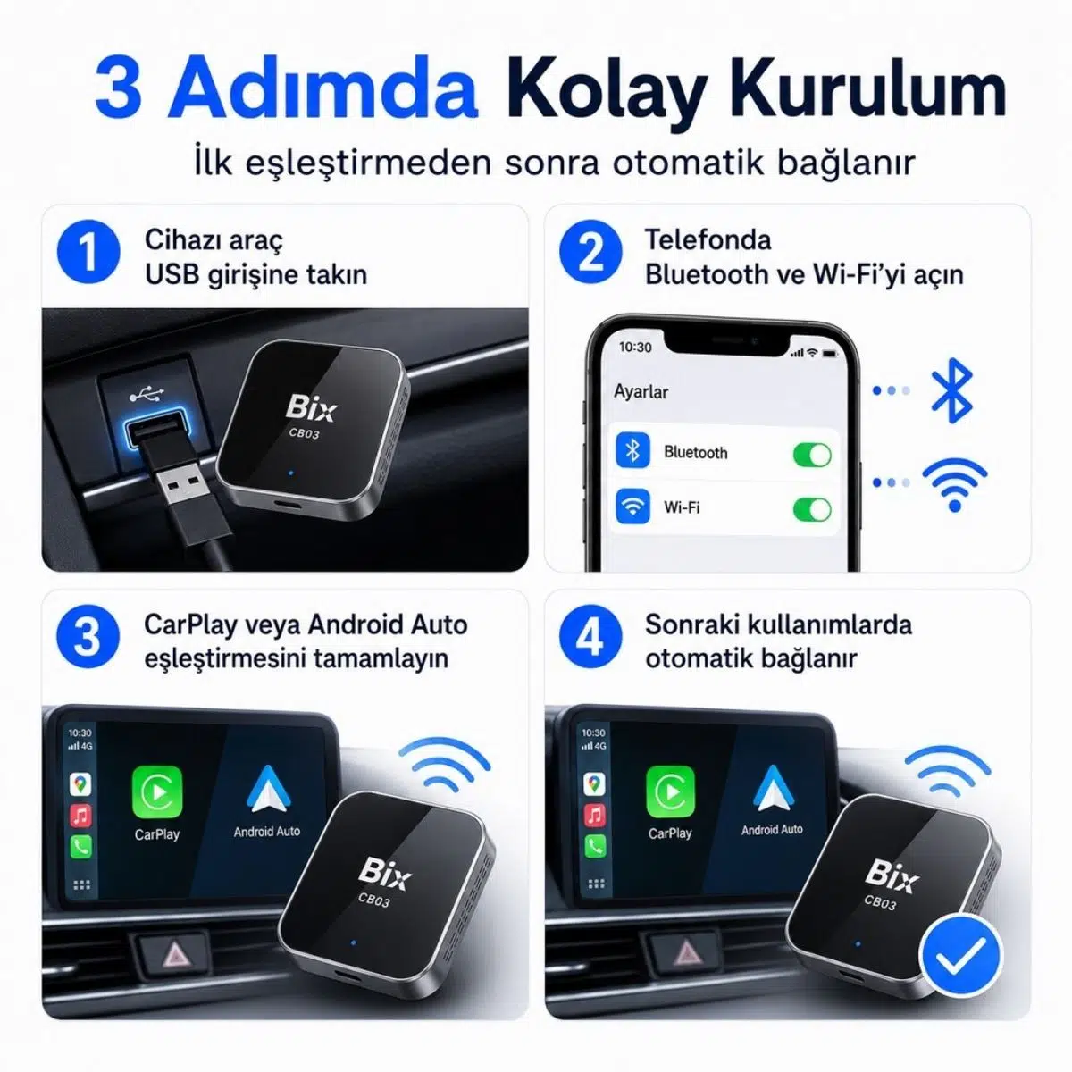 Bix CB03 Kablosuz CarPlay Android Auto USB Adaptörü, Android 12 AI Box, Netflix YouTube TikTok Sosyal Medya Destekli, 2.4G/5G WiFi Bluetooth 5.4, TF Kartlı, Kablolu Araçlar İçin Bix CB03 Kablosuz CarPlay Android Auto USB Adaptörü, Android 12 AI Box, Netflix YouTube TikTok Sosyal Medya Destekli, 2.4G/5G WiFi Bluetooth 5.4, TF Kartlı, Kablolu Araçlar İçin