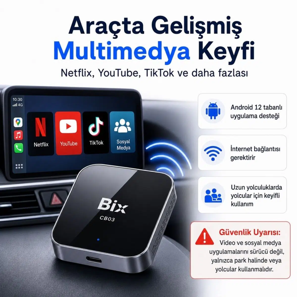 Bix CB03 Kablosuz CarPlay Android Auto USB Adaptörü, Android 12 AI Box, Netflix YouTube TikTok Sosyal Medya Destekli, 2.4G/5G WiFi Bluetooth 5.4, TF Kartlı, Kablolu Araçlar İçin Bix CB03 Kablosuz CarPlay Android Auto USB Adaptörü, Android 12 AI Box, Netflix YouTube TikTok Sosyal Medya Destekli, 2.4G/5G WiFi Bluetooth 5.4, TF Kartlı, Kablolu Araçlar İçin