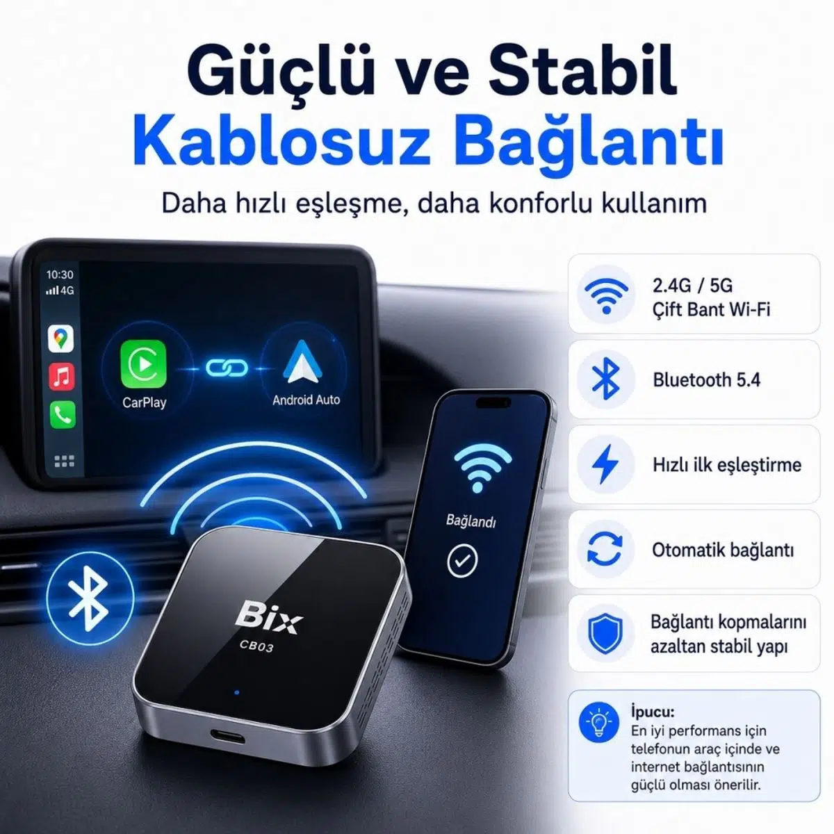 Bix CB03 Kablosuz CarPlay Android Auto USB Adaptörü, Android 12 AI Box, Netflix YouTube TikTok Sosyal Medya Destekli, 2.4G/5G WiFi Bluetooth 5.4, TF Kartlı, Kablolu Araçlar İçin Bix CB03 Kablosuz CarPlay Android Auto USB Adaptörü, Android 12 AI Box, Netflix YouTube TikTok Sosyal Medya Destekli, 2.4G/5G WiFi Bluetooth 5.4, TF Kartlı, Kablolu Araçlar İçin