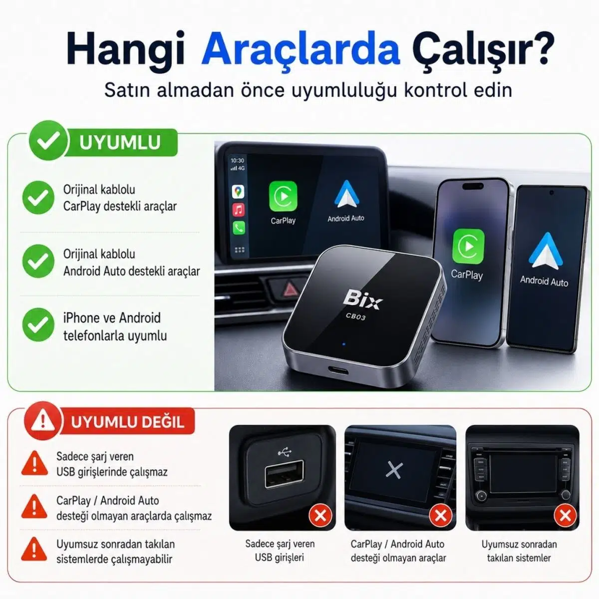 Bix CB03 Kablosuz CarPlay Android Auto USB Adaptörü, Android 12 AI Box, Netflix YouTube TikTok Sosyal Medya Destekli, 2.4G/5G WiFi Bluetooth 5.4, TF Kartlı, Kablolu Araçlar İçin Bix CB03 Kablosuz CarPlay Android Auto USB Adaptörü, Android 12 AI Box, Netflix YouTube TikTok Sosyal Medya Destekli, 2.4G/5G WiFi Bluetooth 5.4, TF Kartlı, Kablolu Araçlar İçin