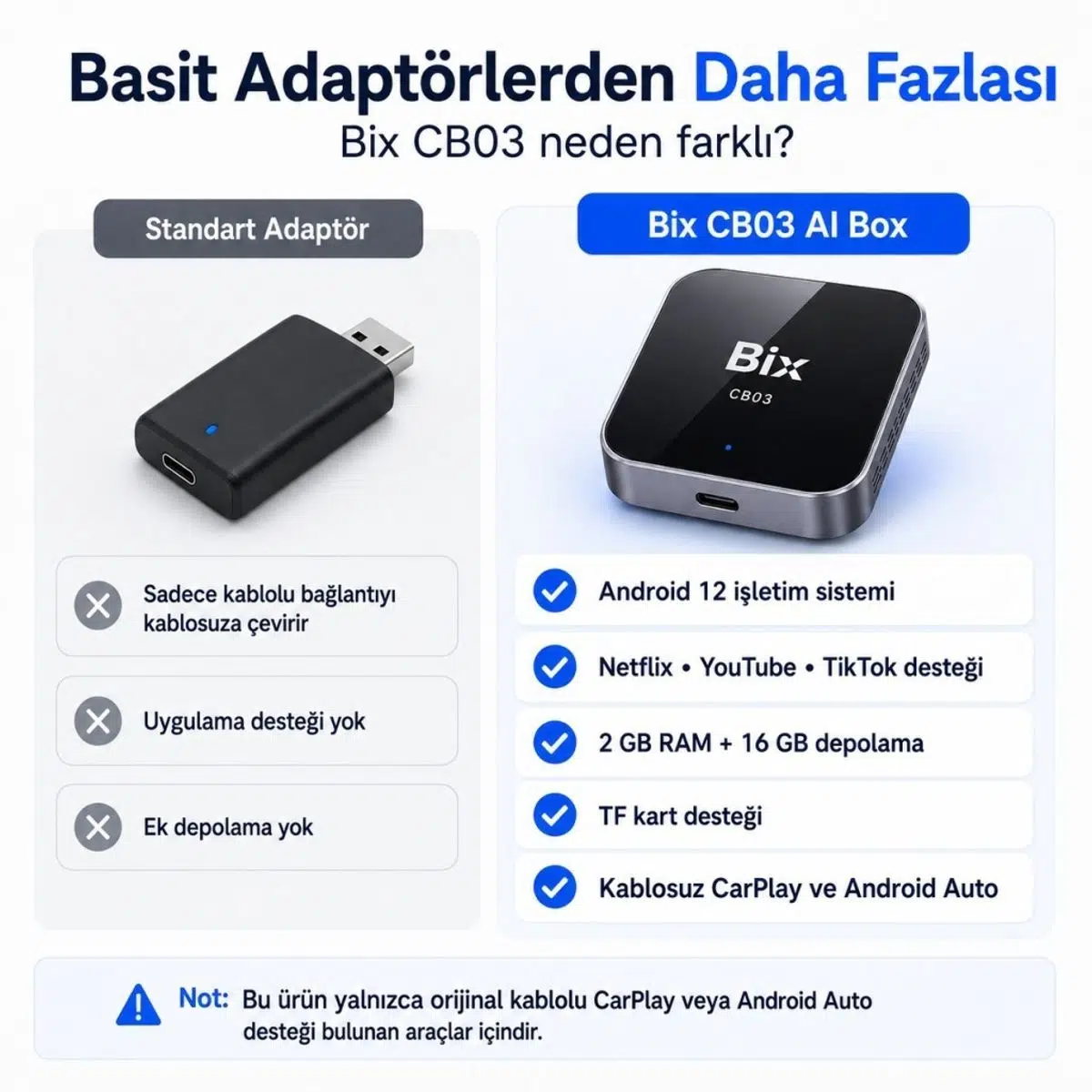 Bix CB03 Kablosuz CarPlay Android Auto USB Adaptörü, Android 12 AI Box, Netflix YouTube TikTok Sosyal Medya Destekli, 2.4G/5G WiFi Bluetooth 5.4, TF Kartlı, Kablolu Araçlar İçin Bix CB03 Kablosuz CarPlay Android Auto USB Adaptörü, Android 12 AI Box, Netflix YouTube TikTok Sosyal Medya Destekli, 2.4G/5G WiFi Bluetooth 5.4, TF Kartlı, Kablolu Araçlar İçin