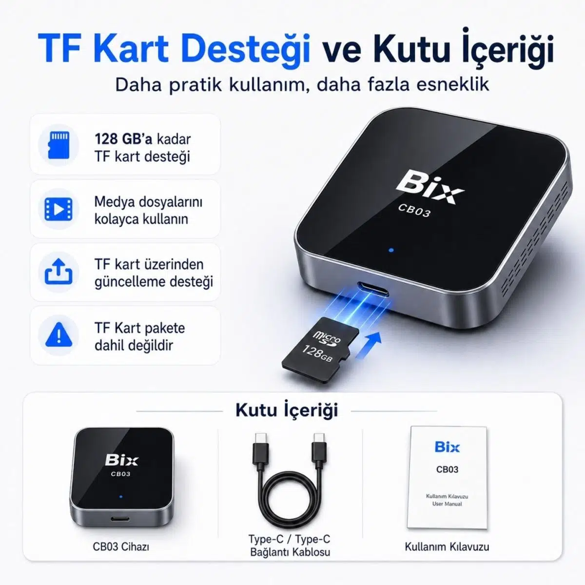 Bix CB03 Kablosuz CarPlay Android Auto USB Adaptörü, Android 12 AI Box, Netflix YouTube TikTok Sosyal Medya Destekli, 2.4G/5G WiFi Bluetooth 5.4, TF Kartlı, Kablolu Araçlar İçin Bix CB03 Kablosuz CarPlay Android Auto USB Adaptörü, Android 12 AI Box, Netflix YouTube TikTok Sosyal Medya Destekli, 2.4G/5G WiFi Bluetooth 5.4, TF Kartlı, Kablolu Araçlar İçin