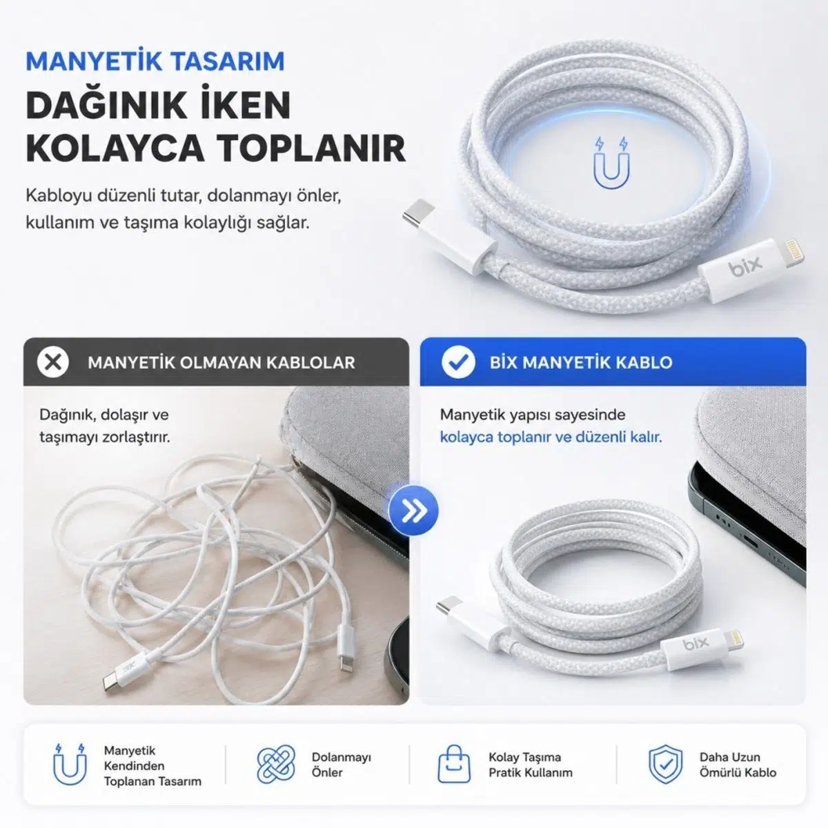 Bix T4CL-WT 1 Metre Beyaz 27W Type C to Lightning Şarj Kablosu, Manyetik Tasarımlı Örgülü Hızlı Şarj ve Data Kablosu, (Tüm Lightning iphone ve ipad ile Tam Uyumluluk) Bix T4CL-WT 1 Metre Beyaz 27W Type C to Lightning Şarj Kablosu, Manyetik Tasarımlı Örgülü Hızlı Şarj ve Data Kablosu, (Tüm Lightning iphone ve ipad ile Tam Uyumluluk)