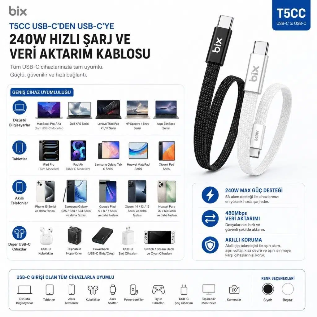Bix T5CC-BK Siyah 1 Metre 240W Type-C to Type-C Örgülü Hızlı Şarj ve Data Kablosu, 480Mbps 240W Type C Turbo Şarj Kablosu, (Tüm Type C Telefon ve Tabletlerle Uyumludur) (Max 48V 5A) Bix T5CC-BK Siyah 1 Metre 240W Type-C to Type-C Örgülü Hızlı Şarj ve Data Kablosu, 480Mbps 240W Type C Turbo Şarj Kablosu, (Tüm Type C Telefon ve Tabletlerle Uyumludur) (Max 48V 5A)