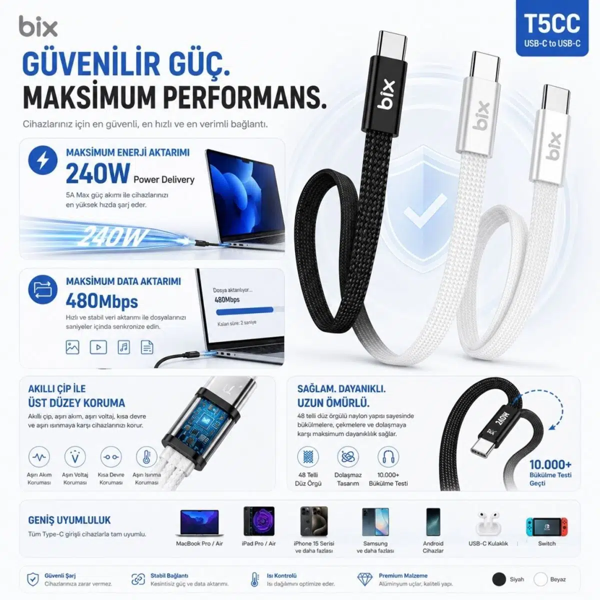 Bix T5CC-WT Beyaz 1 Metre 240W Type-C to Type-C Örgülü Hızlı Şarj ve Data Kablosu, 480Mbps 240W Type C Turbo Şarj Kablosu, (Tüm Type C Telefon ve Tabletlerle Uyumludur) (Max 48V 5A) Bix T5CC-WT Beyaz 1 Metre 240W Type-C to Type-C Örgülü Hızlı Şarj ve Data Kablosu, 480Mbps 240W Type C Turbo Şarj Kablosu, (Tüm Type C Telefon ve Tabletlerle Uyumludur) (Max 48V 5A)