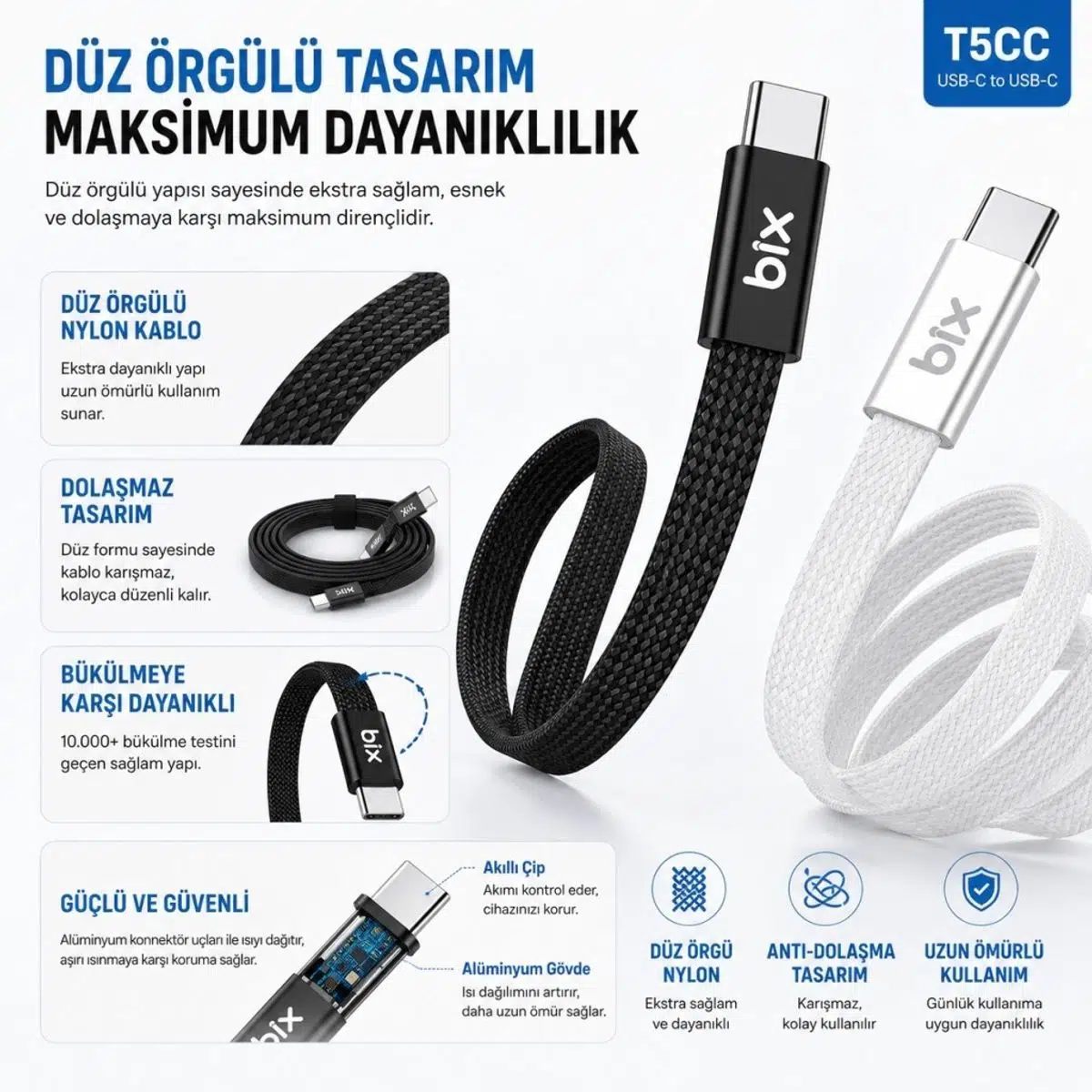 Bix T5CC-WT Beyaz 1 Metre 240W Type-C to Type-C Örgülü Hızlı Şarj ve Data Kablosu, 480Mbps 240W Type C Turbo Şarj Kablosu, (Tüm Type C Telefon ve Tabletlerle Uyumludur) (Max 48V 5A) Bix T5CC-WT Beyaz 1 Metre 240W Type-C to Type-C Örgülü Hızlı Şarj ve Data Kablosu, 480Mbps 240W Type C Turbo Şarj Kablosu, (Tüm Type C Telefon ve Tabletlerle Uyumludur) (Max 48V 5A)