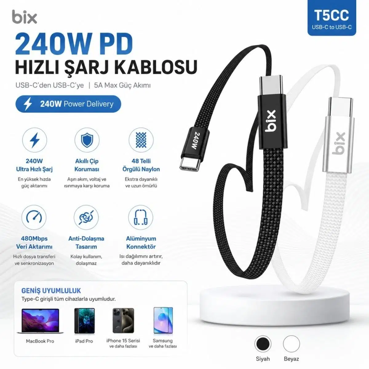 Bix T5CC-WT Beyaz 1 Metre 240W Type-C to Type-C Örgülü Hızlı Şarj ve Data Kablosu, 480Mbps 240W Type C Turbo Şarj Kablosu, (Tüm Type C Telefon ve Tabletlerle Uyumludur) (Max 48V 5A) Bix T5CC-WT Beyaz 1 Metre 240W Type-C to Type-C Örgülü Hızlı Şarj ve Data Kablosu, 480Mbps 240W Type C Turbo Şarj Kablosu, (Tüm Type C Telefon ve Tabletlerle Uyumludur) (Max 48V 5A)