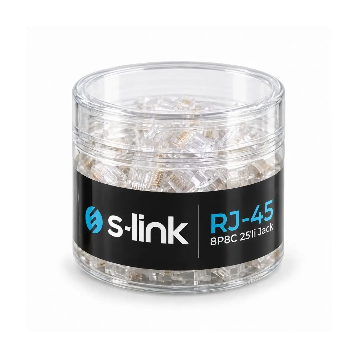 S-Link SLX-990 CAT5 RJ45 Konnektör 25'li Paket, 8P8C Ethernet Ağ Kablosu Ucu, Şeffaf Modüler Jack, Krimp Pense ile Takılabilir Network Fişi