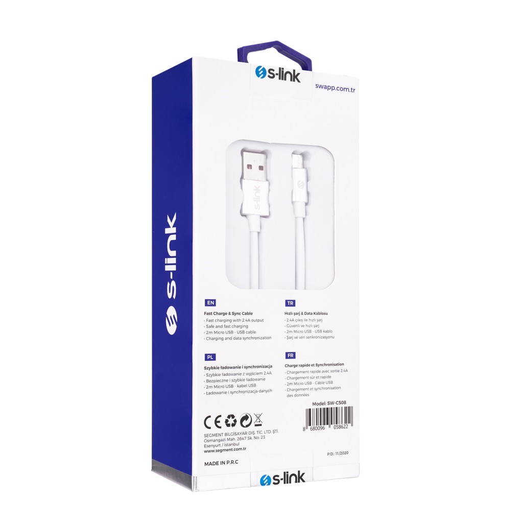 S-link SW-C508 2m 2.4A Usb to Micro Usb Beyaz Data + Sarj Kablosu S-link SW-C508 2m 2.4A Usb to Micro Usb Beyaz Data + Sarj Kablosu